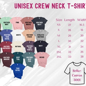 May include: A chart showing the size, length, width, and sleeve measurements for unisex crew neck t-shirts. The chart shows sizes XS through 3XL. The chart is labeled "Bella+Canvas 3001".
