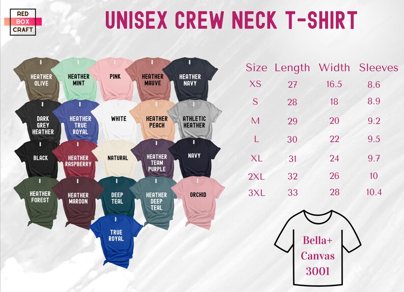 May include: A chart showing the size, length, width, and sleeve measurements for unisex crew neck t-shirts. The chart shows sizes XS through 3XL. The chart is labeled "Bella+Canvas 3001".