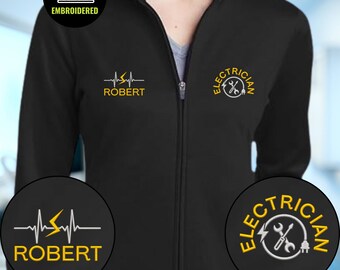 Geborduurd fleecejack met volledige ritssluiting voor elektriciens, jack met bliksemmotief en gepersonaliseerde naam