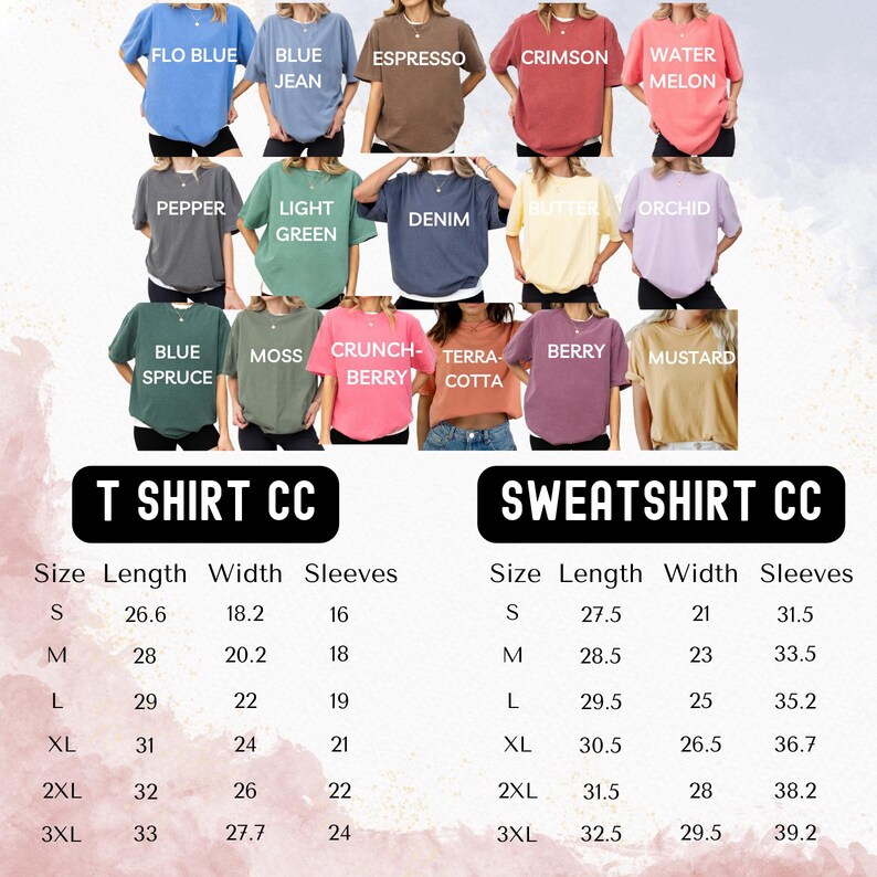 Op de afbeelding: Een tabel met de maat, lengte, breedte en mouwlengte voor T-shirts en sweatshirts. De tabel is gelabeld "T Shirt CC" en "Sweatshirt CC". De vermelde maten zijn S, M, L, XL, 2XL en 3XL. De metingen zijn in inches.