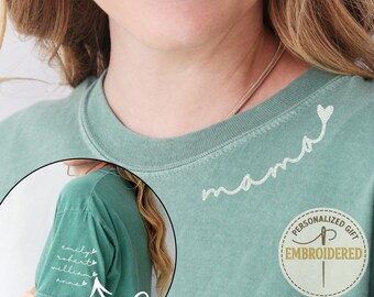 Customized Embroidered Mama Shirt, Personalized Kids' Names Sleeve, Minimalist Momma Shirt, New Mom Gift, Minimalist Mom Shirt, E045