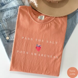 Op de afbeelding: Terracotta T-shirt met witte tekst die "Pass the Salt POTS Awareness" luidt en een rode hartgrafiek.