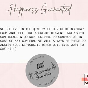 May include: A gray circle with the text "100% Happiness Guarantee" and the words "Red Box Craft" on either side. The text is in a handwritten font. The background is a light pink.