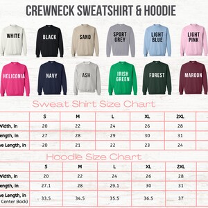 May include: Size chart for crewneck sweatshirts and hoodies in various colors. The chart shows measurements in inches for width, length, and sleeve length for sizes S, M, L, XL, 2XL, and 3XL.
