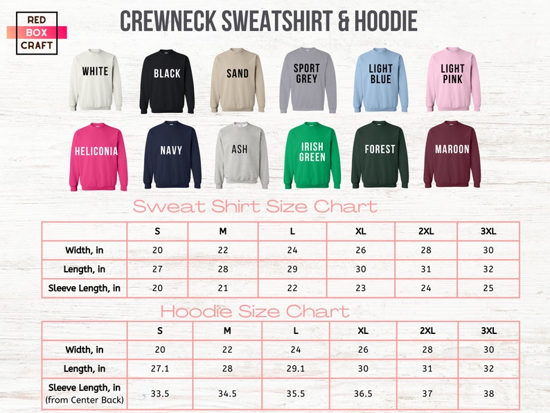 May include: Size chart for crewneck sweatshirts and hoodies in various colors. The chart shows measurements in inches for width, length, and sleeve length for sizes S, M, L, XL, 2XL, and 3XL.
