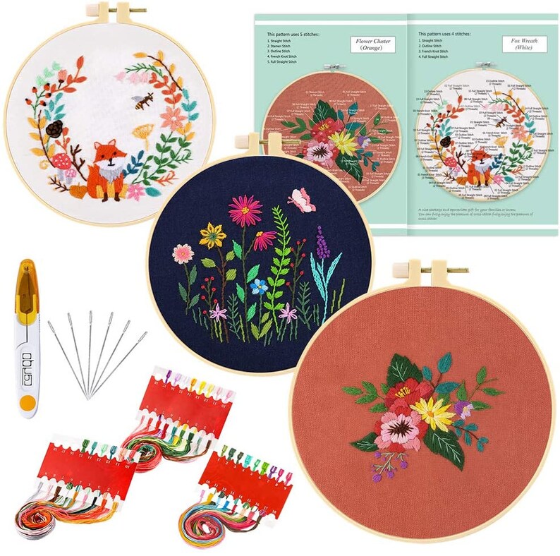 3 Sets Embroidery Starter Kit with Pattern and Instructions Etsy