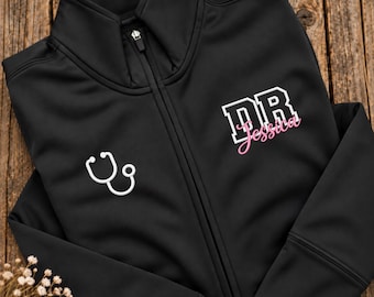 Custom Doctor Full Zip Fleece Jacket, DR Name And Stethoscope Embroidery Jacket