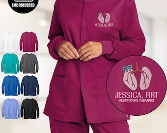 Chaqueta quirúrgica personalizada para terapeuta respiratorio, chaqueta bordada para terapeuta respiratorio, regalo personalizado para clínica con cremallera, S002