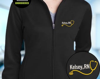 Embroidered Registered Nurse Full Zip Fleece Jacket, Custom RN Stethoscope Jacket