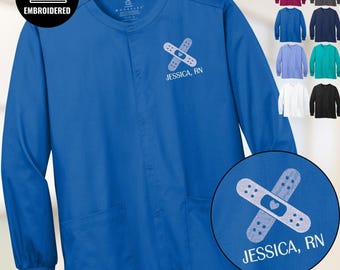 Personalized RN Scrub Zip Jacket, Embroidered Nurse Snap Front Jacket, Bandaid Medical Workwear Gift, S017