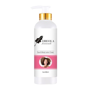 May include: White bottle of Oreola Naturals Face & Body Lotion Cream with a gold pump top. The bottle has a pink label with a woman's face and the text "Net:500ml".