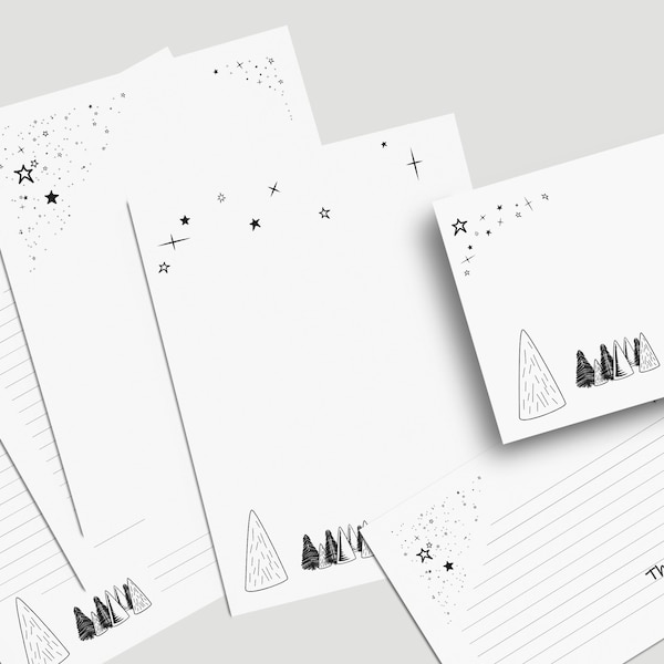 Winter Letterhead, Thank you note, Christmas letter, Printable Star stationary, Tree cards, Black & White, Digital Stationary, PDF Paper set
