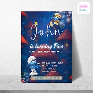 Faire-part d'anniversaire schtroumpf modifiable pour garçon - modèle de fête forêt de champignons bleus - invitation imprimable pour enfants - téléchargement numérique