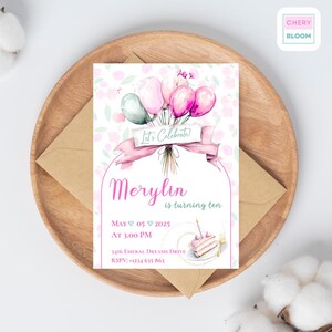 Rosa Ballon-Geburtstagseinladung für Mädchen - Bearbeitbare digitale Party einladen zum 10.Geburtstag - Aquarellkuchen & Luftballons - Canva-Vorlage