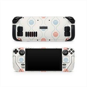 May include: A white handheld gaming console with a seashell pattern in light blue and coral. The console has black control buttons and a black screen. The Steam logo is visible on the bottom.