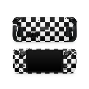 May include: A black and white checkered skin for a handheld gaming device. The skin covers the front and back of the device, with a black screen and buttons. The design is a classic checkerboard pattern.