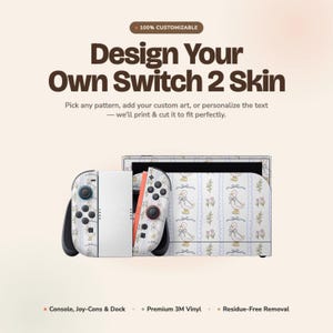 Könnte beinhalten: Eine anpassbare Vinyl-Folie für eine Spielkonsole, Joy-Cons und Dockingstation. Das Design zeigt ein wiederkehrendes Muster aus weißen Enten mit blauen Schleifen und Blumen. Text: Design Your Own Switch 2 Skin, 100% CUSTOMIZABLE, Console, Joy-Cons & Dock.