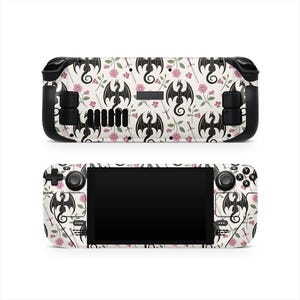 May include: A handheld gaming console with a white floral and dragon design. The console features a black screen, black buttons, and a pattern of black dragons, pink flowers, and swords. The Steam logo is visible.