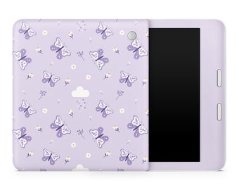May include: A purple tablet case with a pattern of white flowers and purple butterflies. The case is designed to fit a tablet with a black screen.