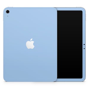 May include: A light blue iPad case with a white Apple logo. The case is shown with the iPad screen turned off.