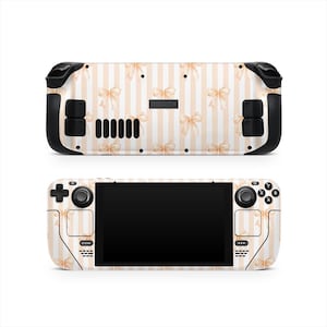 May include: A Steam Deck console skin featuring a pattern of peach-colored bows and vertical stripes. The skin covers the front and back of the device, with black accents on the sides. The Steam Deck has a black screen and buttons.