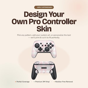 May include: A customizable pro controller skin featuring a light pink and white plaid pattern. The text reads: Design Your Own Pro Controller Skin, 100% Customizable, Pick any pattern, add your custom art, or personalize the text, Partial Coverage, Premium 3M Vinyl, Residue-Free Removal.