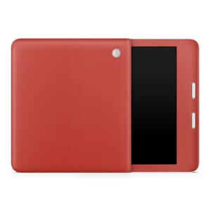 May include: A red tablet with a black screen and a matching cover. The cover is partially open, revealing the screen. The tablet has two white buttons on the side and a silver button on the cover.