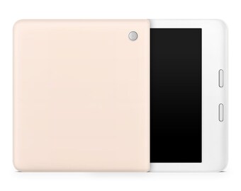 May include: A white tablet computer with a cream-colored case. The tablet is turned off and the screen is black.
