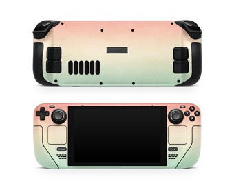 May include: A handheld gaming console with a gradient design in shades of pink, yellow, and green. The console features a black screen, buttons, and control sticks. The Steam logo is visible on the front.