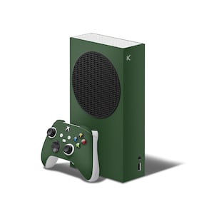 May include: A dark green Xbox Series X console with a black speaker grille and a white Xbox logo. A matching dark green Xbox controller with white buttons is in the foreground.