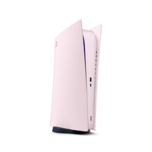 May include: A pink PlayStation 5 console with a white PlayStation logo on the front. The console is in a vertical position with the disc drive open.