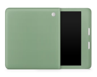 Könnte beinhalten: Ein grünes Tablet-Computer mit einem schwarzen Bildschirm und einem weißen Rand. Das Tablet ist geschlossen und die Rückseite ist sichtbar.