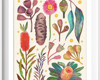 Puede incluir: Una impresión en acuarela enmarcada que presenta una colección de flores y follaje nativos de Australia. La obra de arte muestra varias flores en tonos de rojo, rosa, verde y marrón, con el texto "Wild Garden" en la parte inferior.