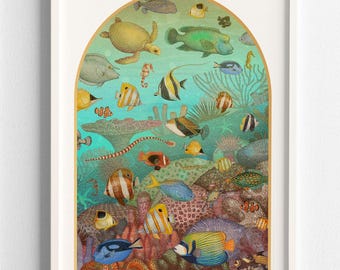 Barrier Reef Art Print, Tropical Fish, Coastal Decor