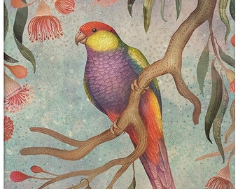 Pode incluir: Uma impressão em aquarela emoldurada com um papagaio colorido empoleirado em um galho, cercado por flores rosa e folhas verdes. O pássaro tem cabeça vermelha, peito roxo e detalhes em laranja e amarelo. O texto "Wild Garden" está na parte inferior.