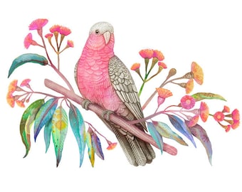 May include: Watercolor print of a pink and gray galah bird perched on a branch with colorful leaves and flowers. The artwork is framed in a light wood frame. The text "Wild Garden" is written in cursive at the bottom.
