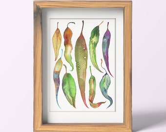 Colourful Gum Leaves Art Print, Watercolour Painting