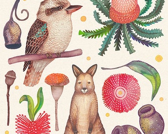 Australian Wildlife Art Print: Kookaburra, Wallaby, Gum Nuts