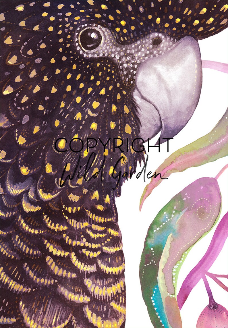 May include: Watercolor painting of a black cockatoo with yellow accents on its feathers, a white beak, and a detailed eye. The artwork includes the text "COPYRIGHT Wild Garden" and colorful leaves.