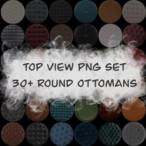 Ronde poef, png-set | Bovenaanzicht Meubels | Getufte en gladde voetenbank | Clipart interieurontwerp | Alleen digitale download via Canva