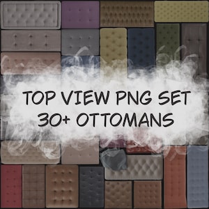 May include: A top-down view of a collection of ottomans in various colors and textures. The ottomans are arranged in a grid pattern, with tufted and smooth surfaces. The image includes the text "TOP VIEW PNG SET 30+ OTTOMANS".