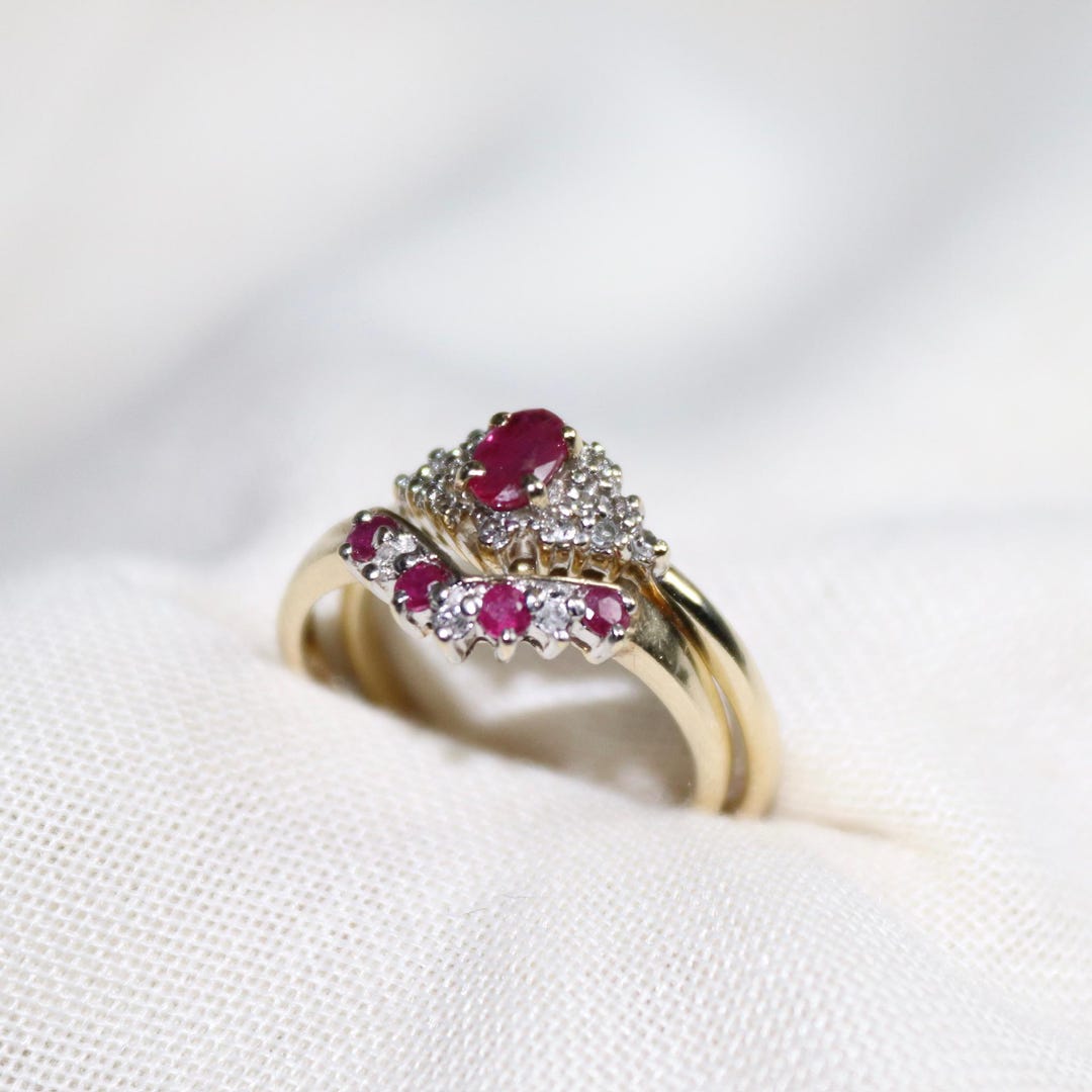 9ct Yellow Gold Ruby and Diamond Engagement Ring and Wedding Vintage ...