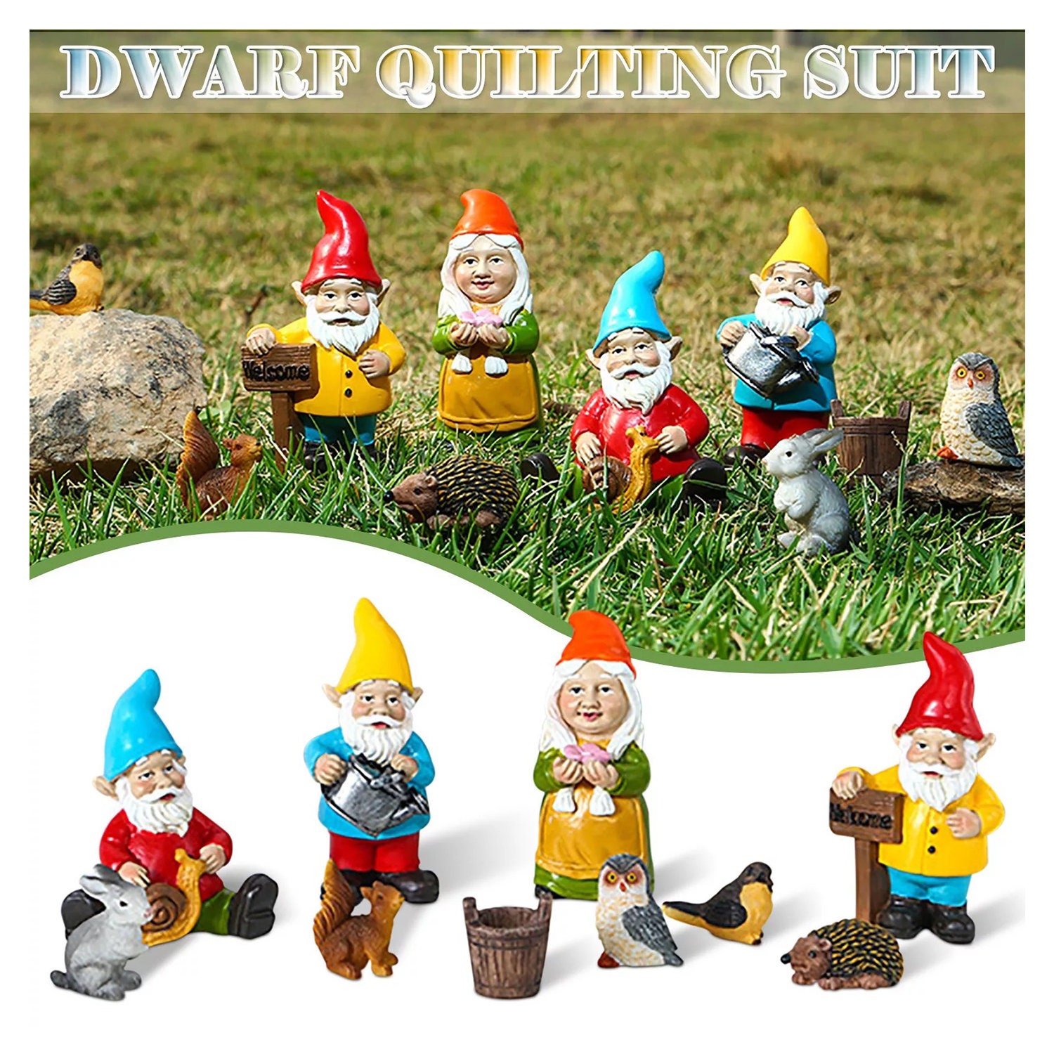 HIYZI 64 Pcs Gnome Accessories Kit - Fairy Garden Miniature Figurines, Animals, Dwarf Resin Decor For DIY Outdoor Micro Landscape, Dollhouse