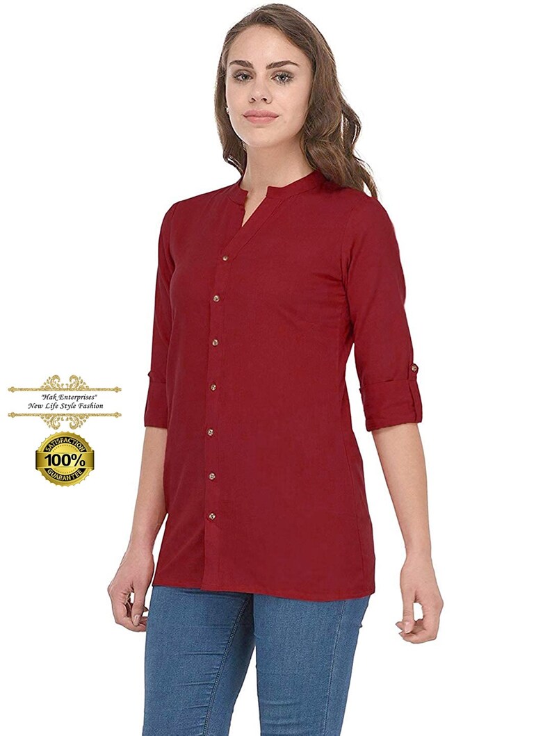 kurti For Girls. Indian Traditional Designer Cotton Top Tunic Women Solid Maroon Ethnic Party Wear Short Shirt