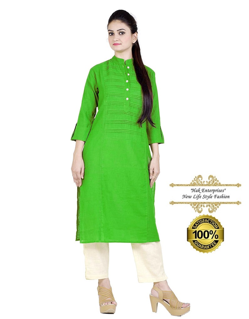 Kurta For Girls. Handmade Indian Woman Green Party Wear Indian Dress Stylish Pure Cotton Woman Long Kurti