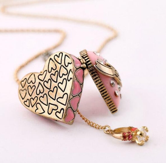 Betsy Johnson Pink Enameled Heart Locket With Key Ring Inside