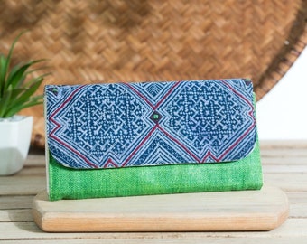 Hemp Purse | Green Hemp Wallet | Long Purse | Indigo Batik Wallet | Handmade Wallet | Long Wallet