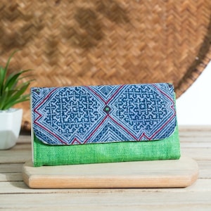 Sac à main de chanvre | Portefeuille de chanvre vert | Sac à main long | Indigo Batik Portefeuille | Portefeuille fait main | Portefeuille long