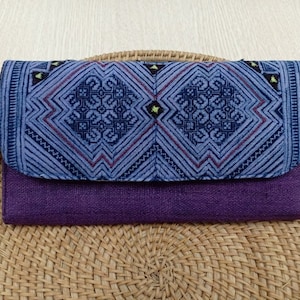 Sac à main de chanvre | Portefeuille de chanvre violet | Sac à main long | Indigo Batik Portefeuille | Portefeuille fait main | Portefeuille long