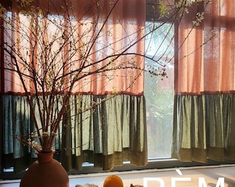 Maß Leinen Café Vorhang | Zweifarbige rustikale Fenstervorhänge | Natürliche Wabi-Sabi Drapierung | Kurzer Küchenvorhang | Auf Bestellung